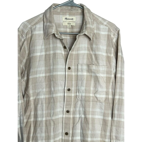 Madewell J Crew Flannel Shacket Men's M Easy Fit Plaid Brushed Beige Brown Gorp - Picture 2 of 13